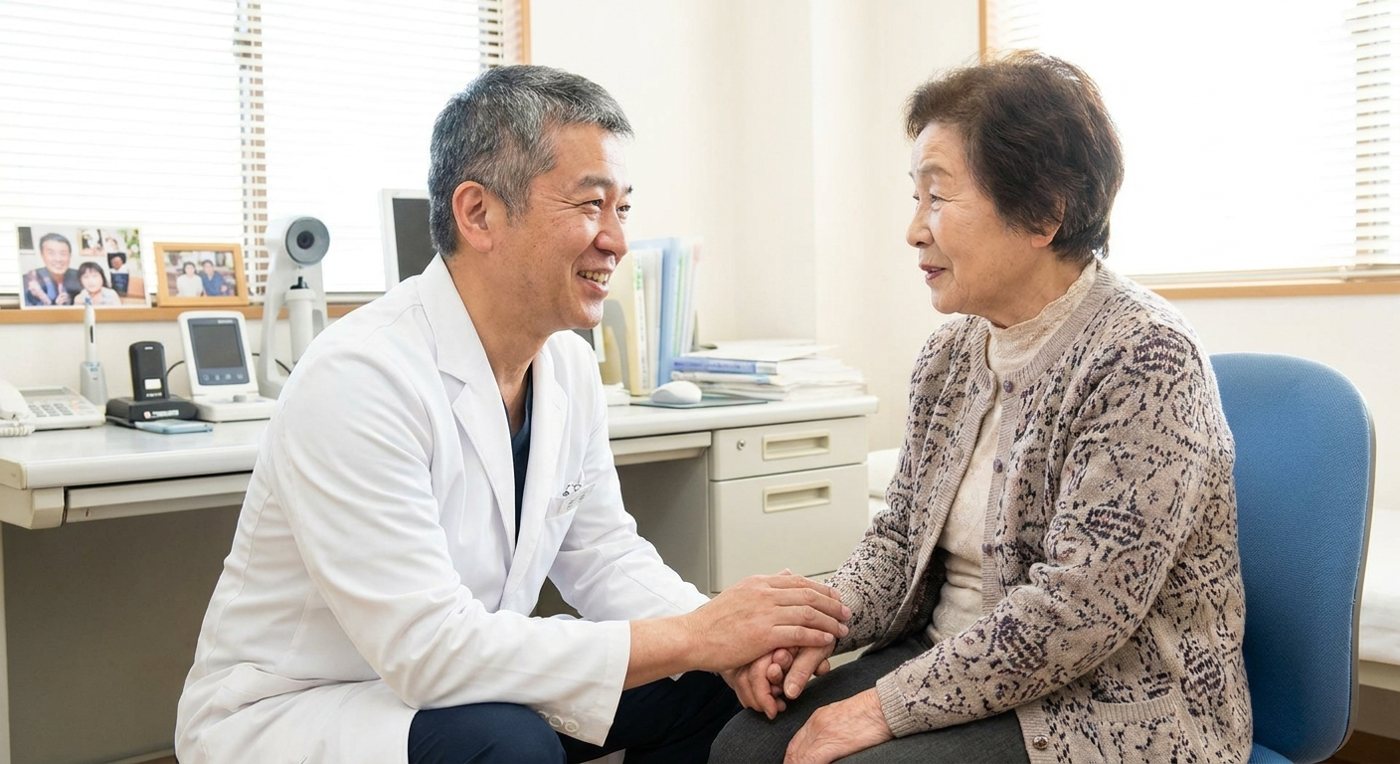 医師が患者の手をとり、やさしく寄り添って診察する様子